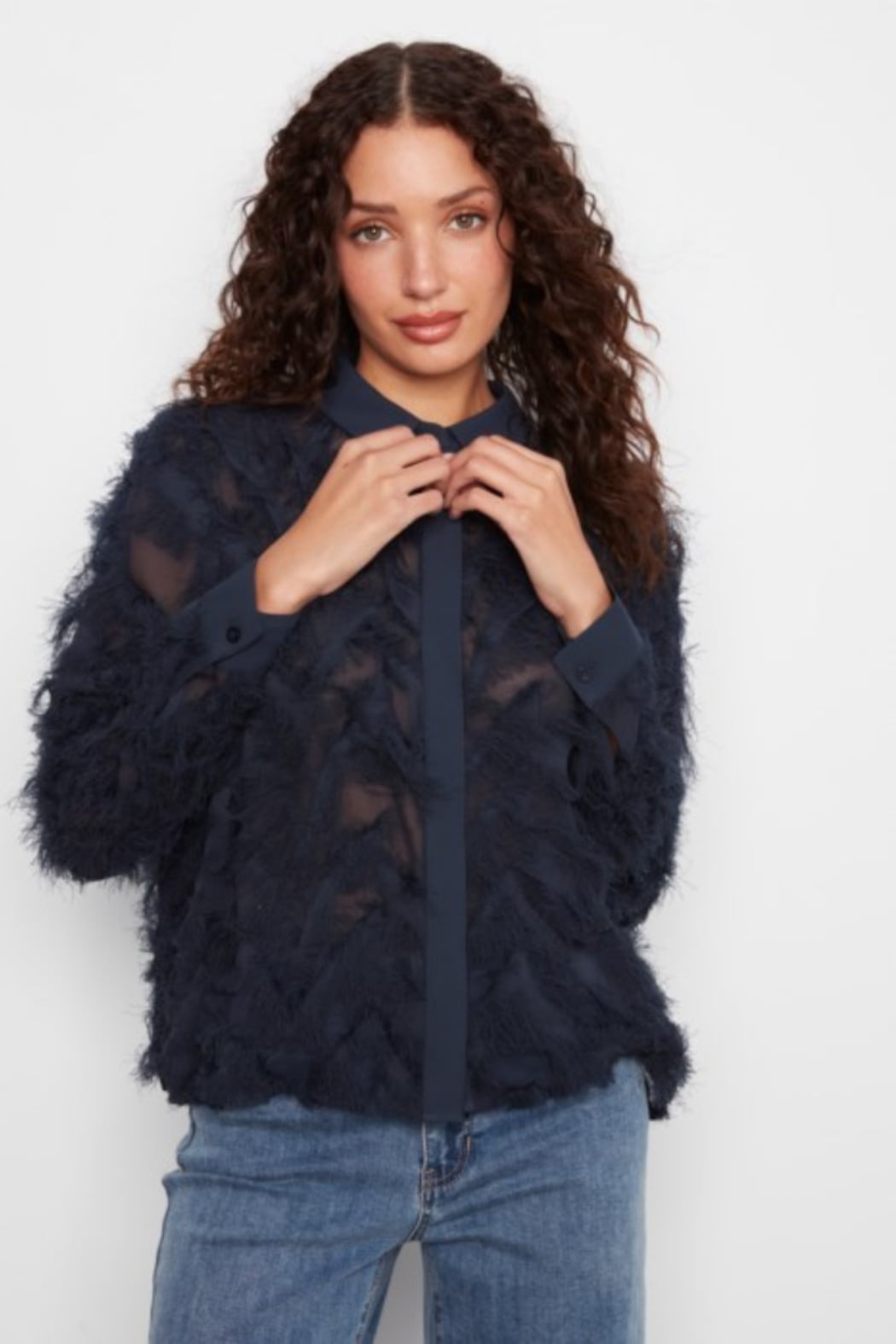 Fringe Fabric Chiffon Blouse with Button Front