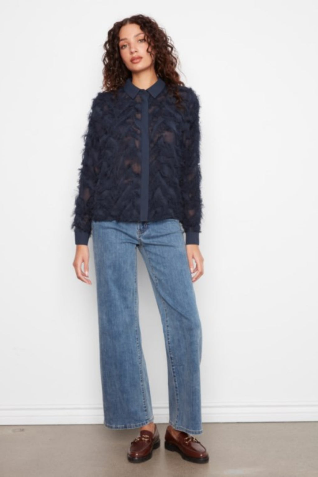 Fringe Fabric Chiffon Blouse with Button Front