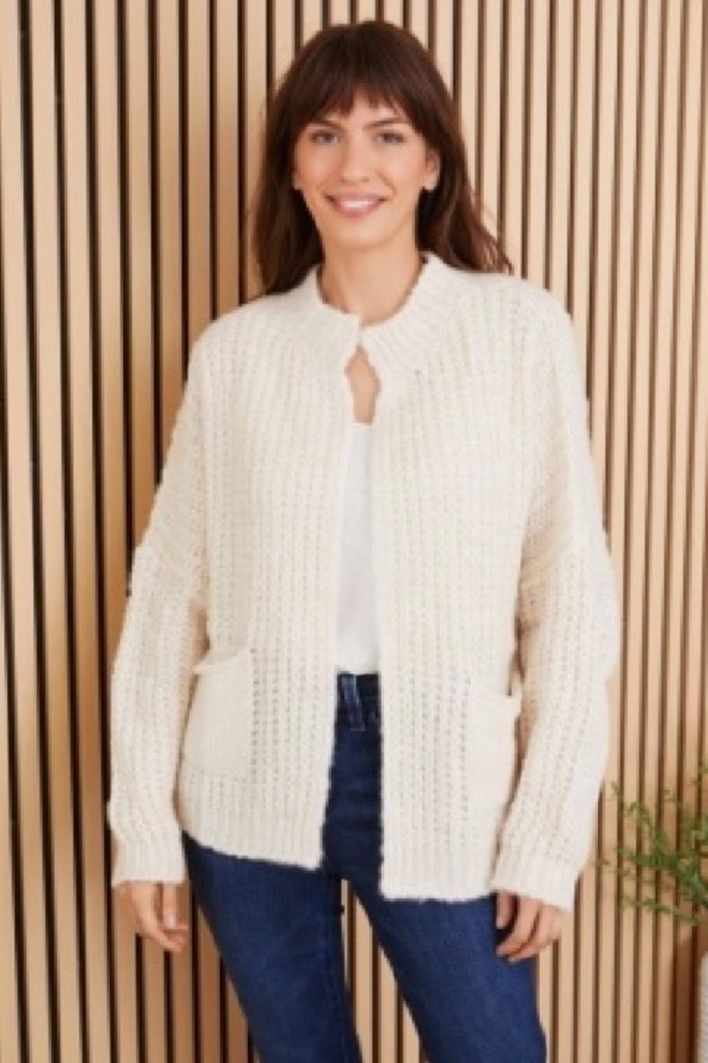 Fuzzy Waffle Knit Open Front Cardigan With Front Pockets