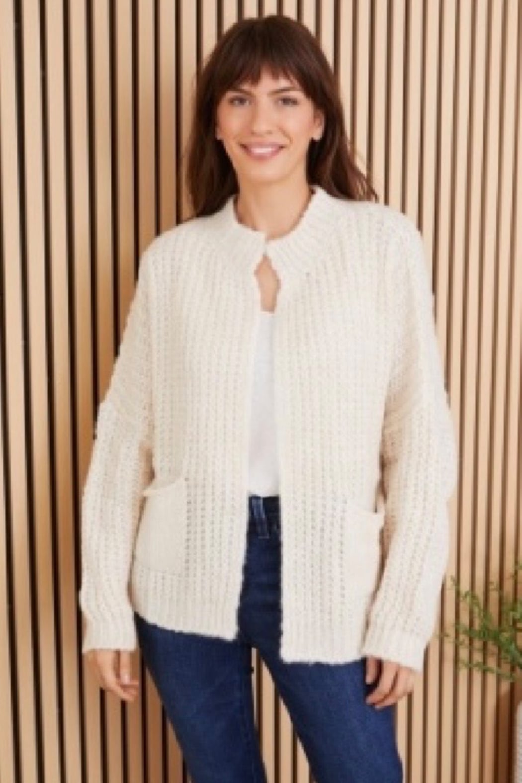 Fuzzy Waffle Knit Open Front Cardigan With Front Pockets