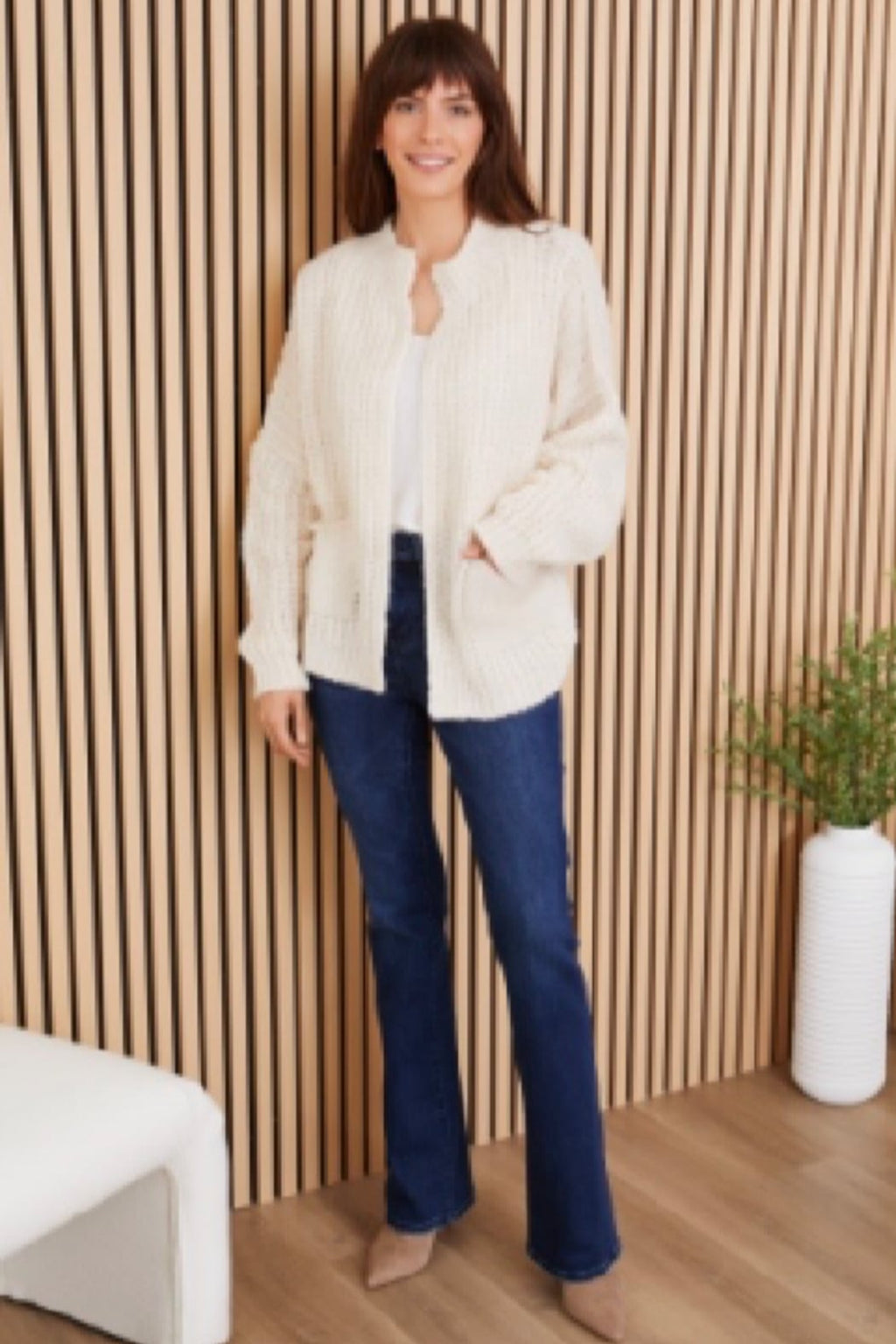 Fuzzy Waffle Knit Open Front Cardigan With Front Pockets