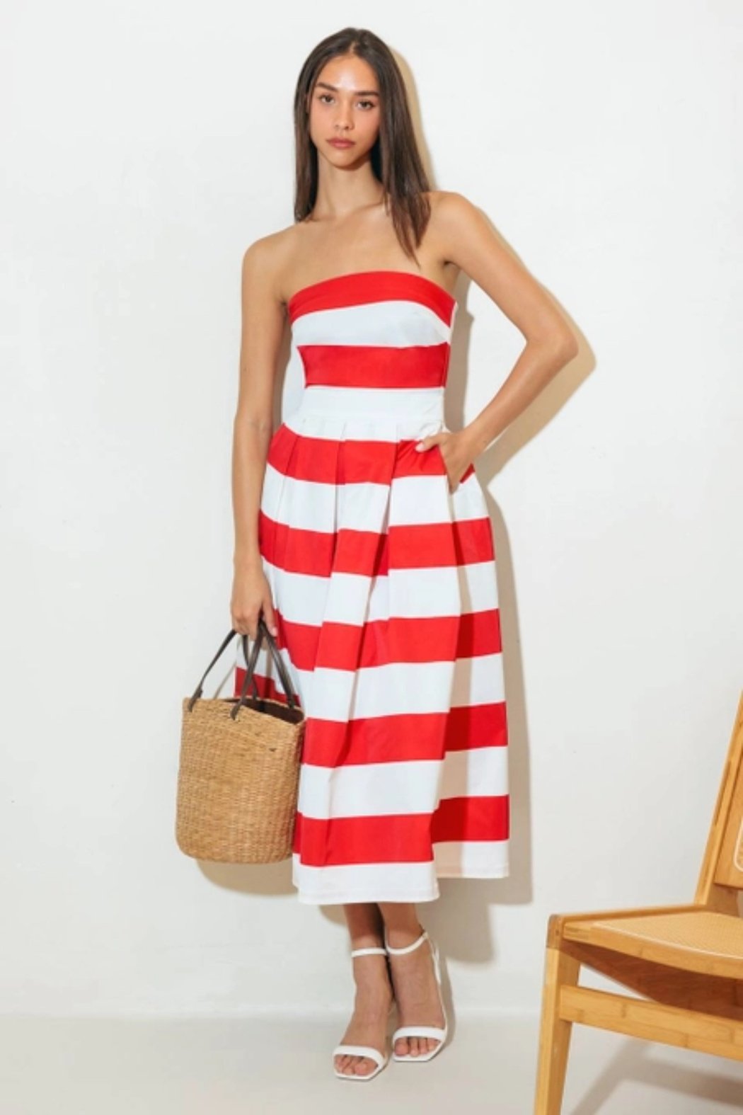 Striped Midi Strapless Dress