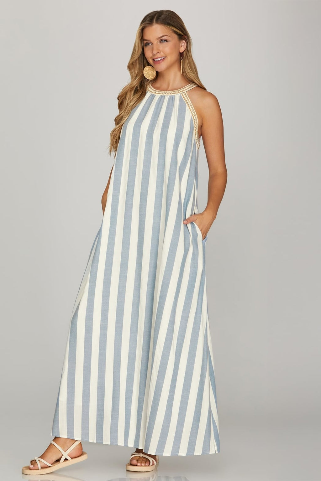 Halter Neck Striped Woven Maxi Dress