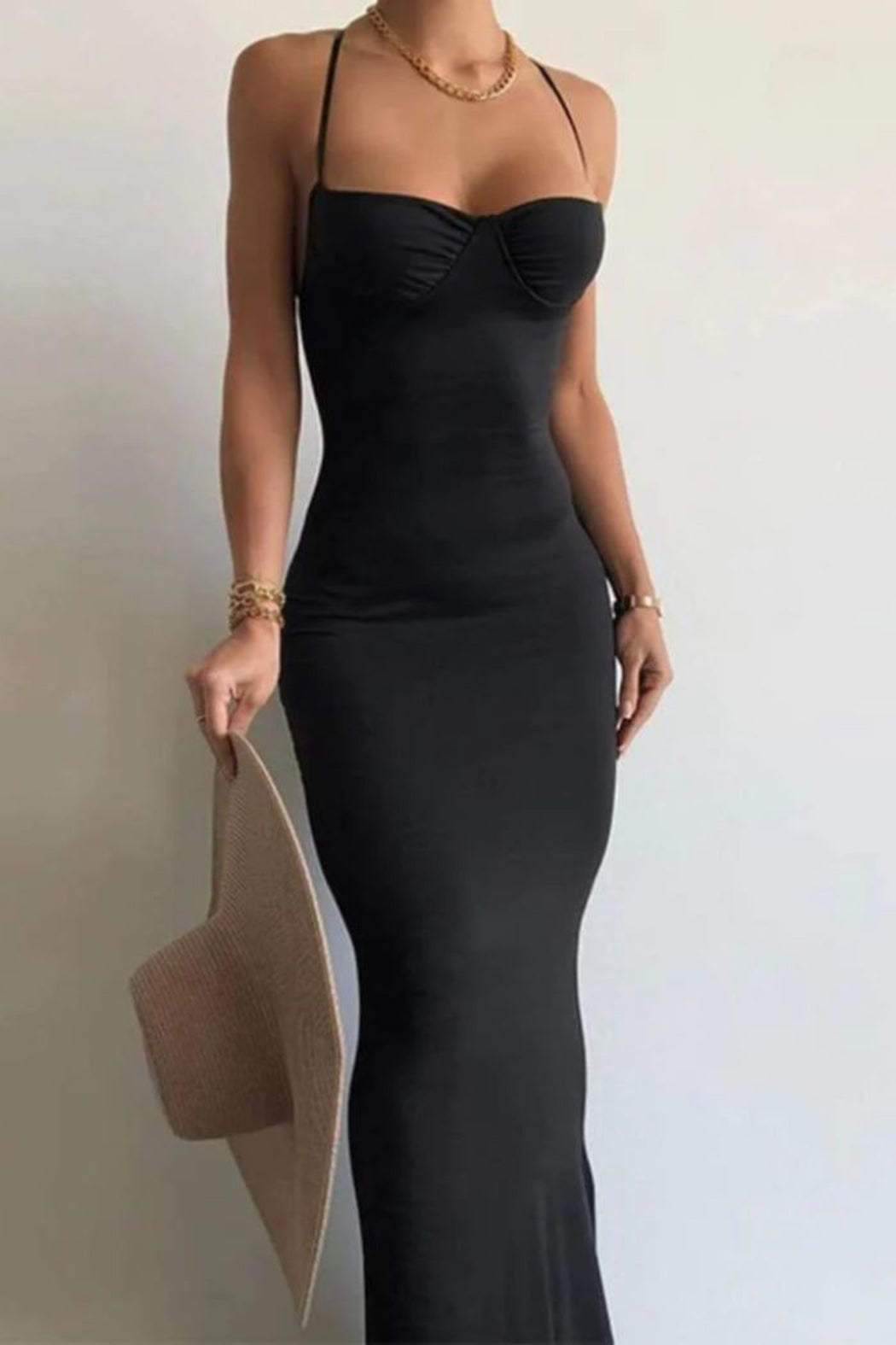 Black Bodycon Backless Dress Spaghetti Strap Long Formal Dress Evening Dress