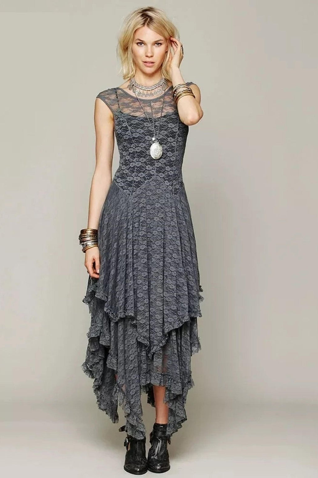 Double Layer Hem Dress Sleeveless Maxi Designer Fashion - Gray
