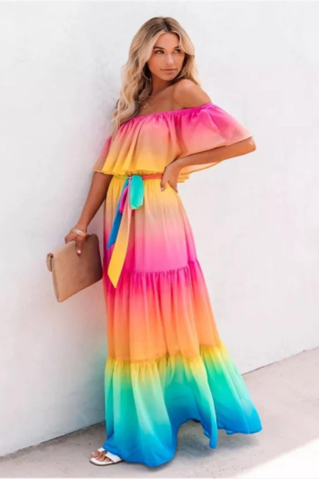 Off-Shoulder Rainbow Maxi Dress