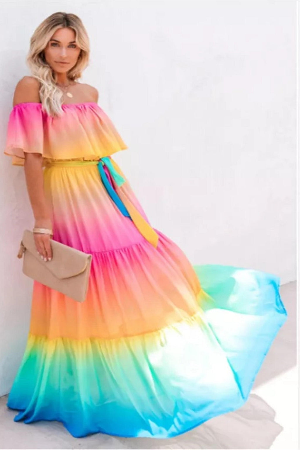 Off-Shoulder Rainbow Maxi Dress