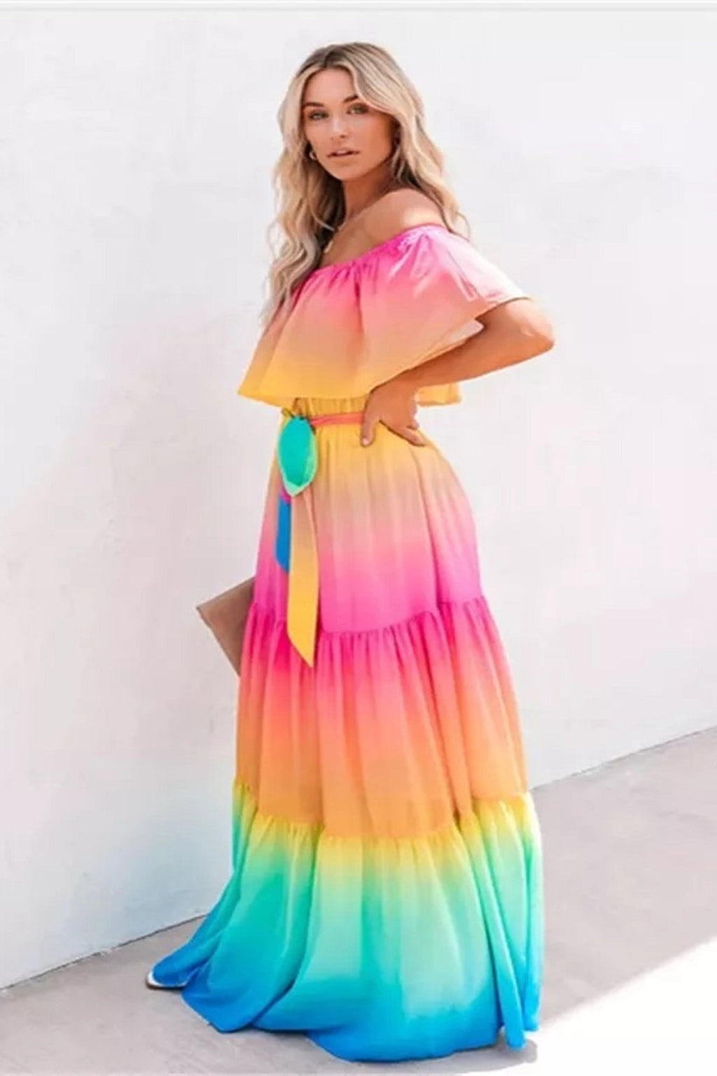 Off-Shoulder Rainbow Maxi Dress