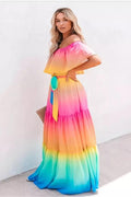 Off-Shoulder Rainbow Maxi Dress