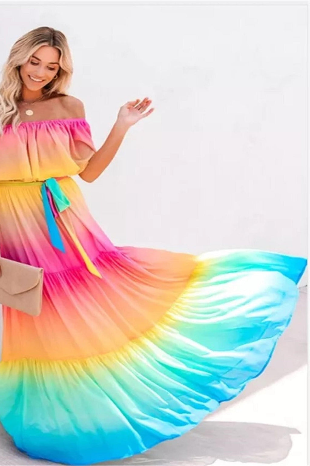 Off-Shoulder Rainbow Maxi Dress