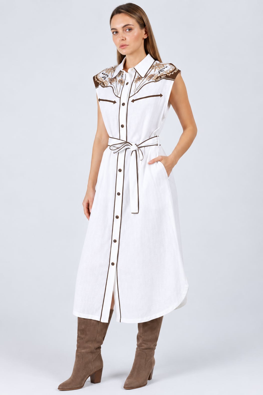 Juliet Embroidered Linen Blend Shirt Dress with Belt