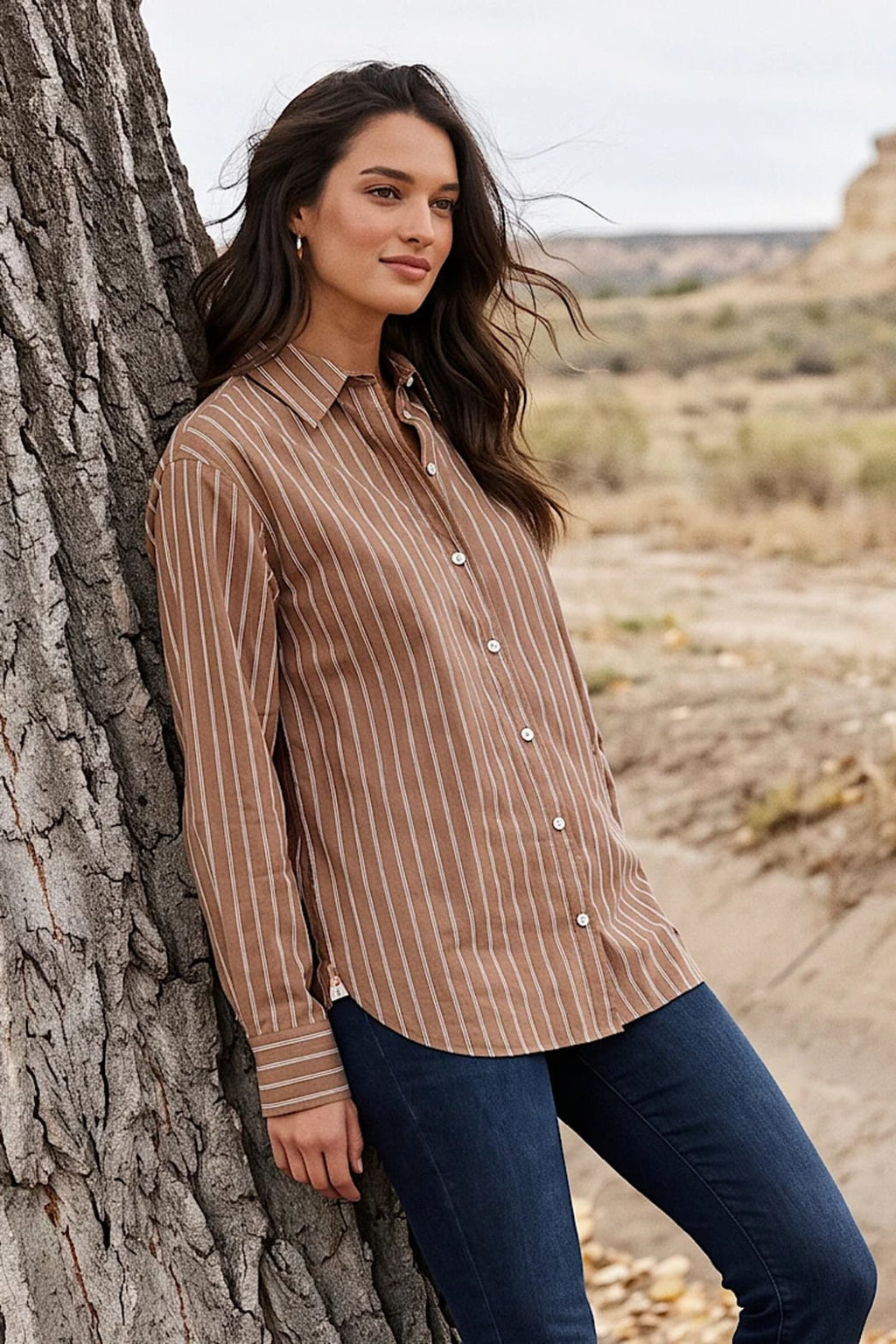 Karen Kane Stripe Long Sleeve Button-Up Shirt