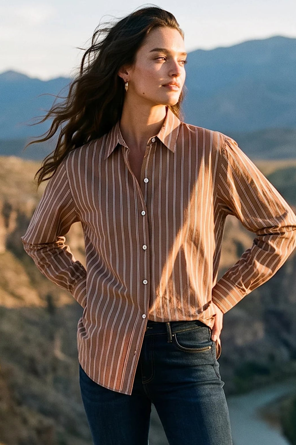 Karen Kane Stripe Long Sleeve Button-Up Shirt