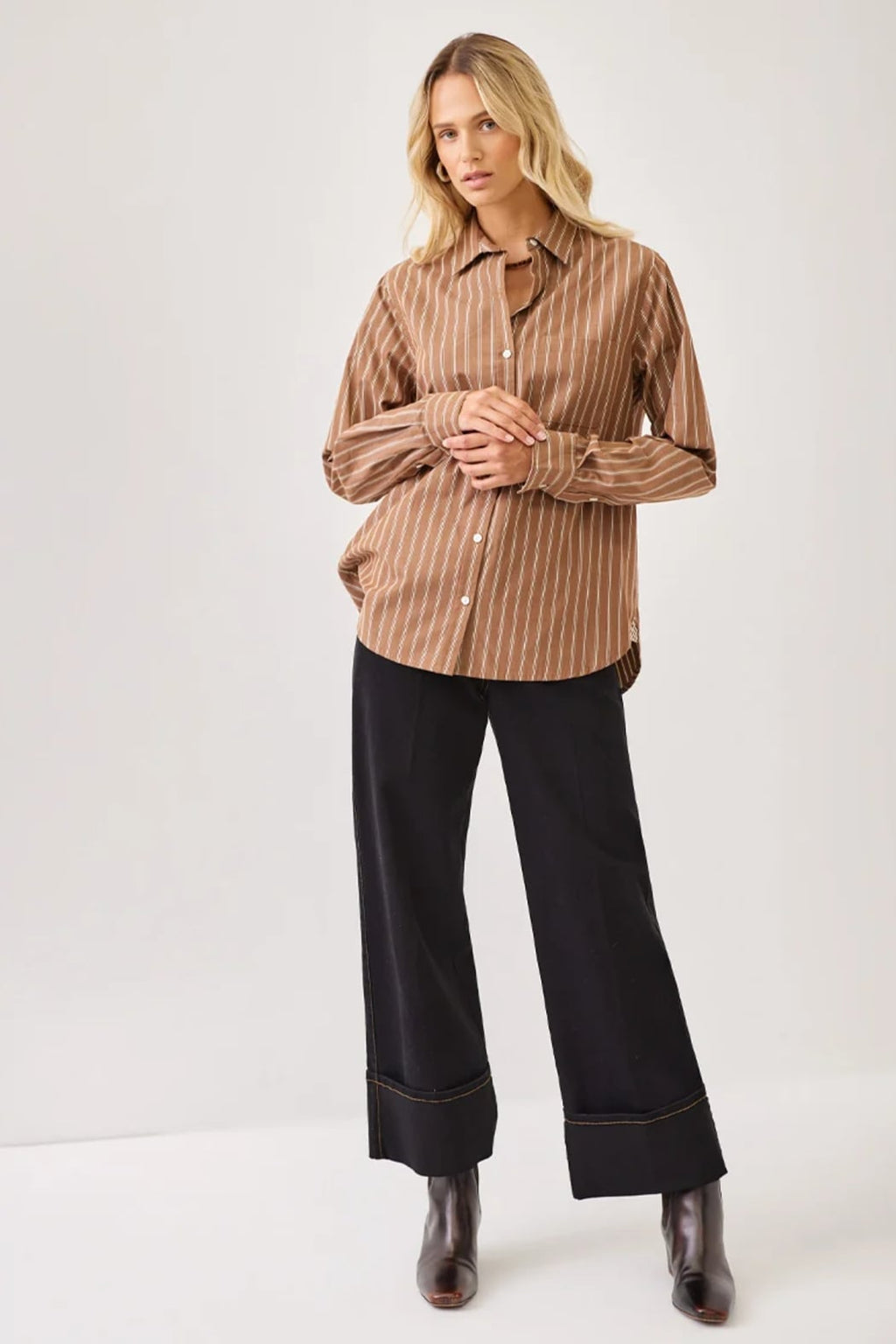 Karen Kane Stripe Long Sleeve Button-Up Shirt