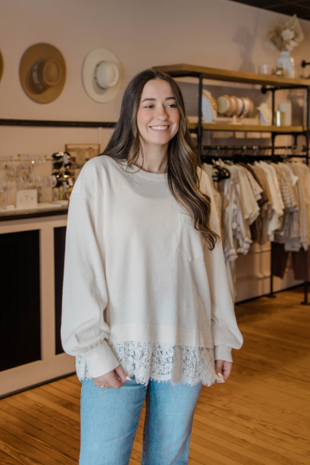 Lace Trim Thermal Knit Top