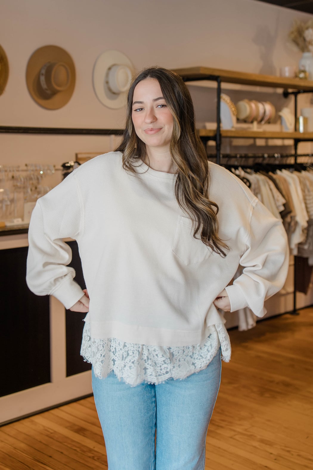 Lace Trim Thermal Knit Top