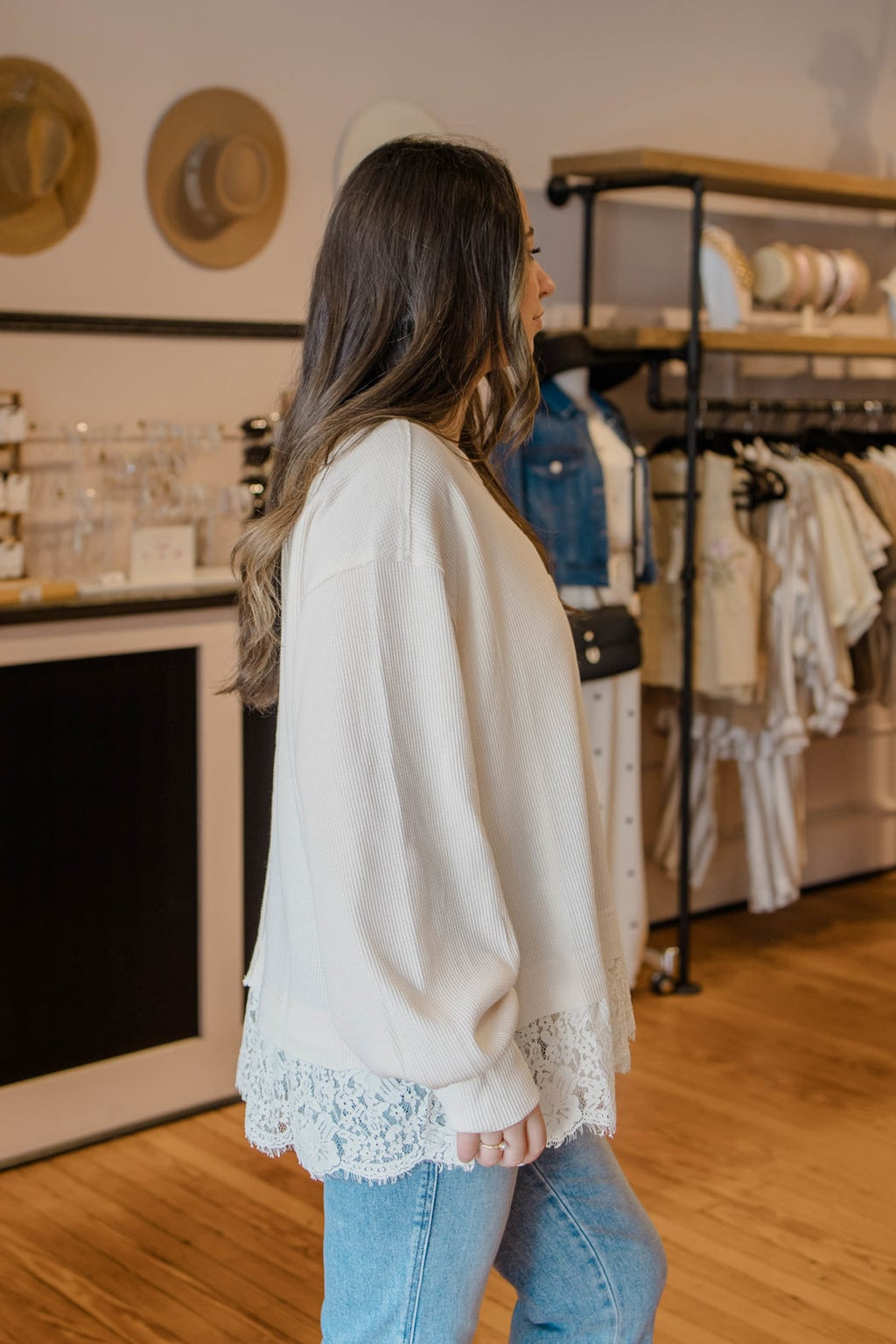 Lace Trim Thermal Knit Top