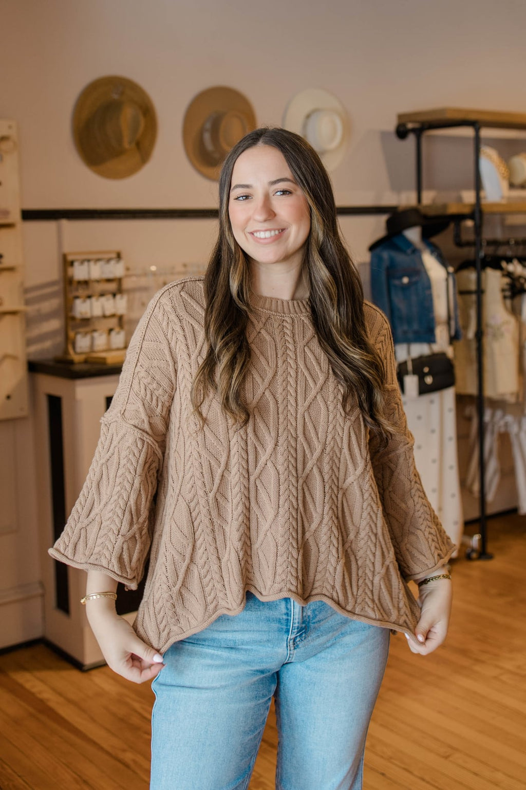 Latte Oversized Bell Sleeve Cable Sweater