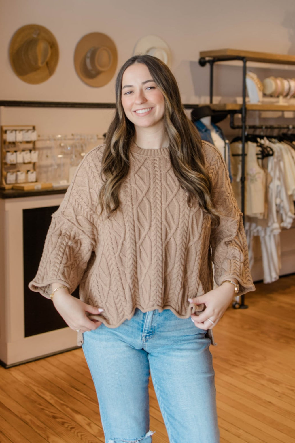 Latte Oversized Bell Sleeve Cable Sweater