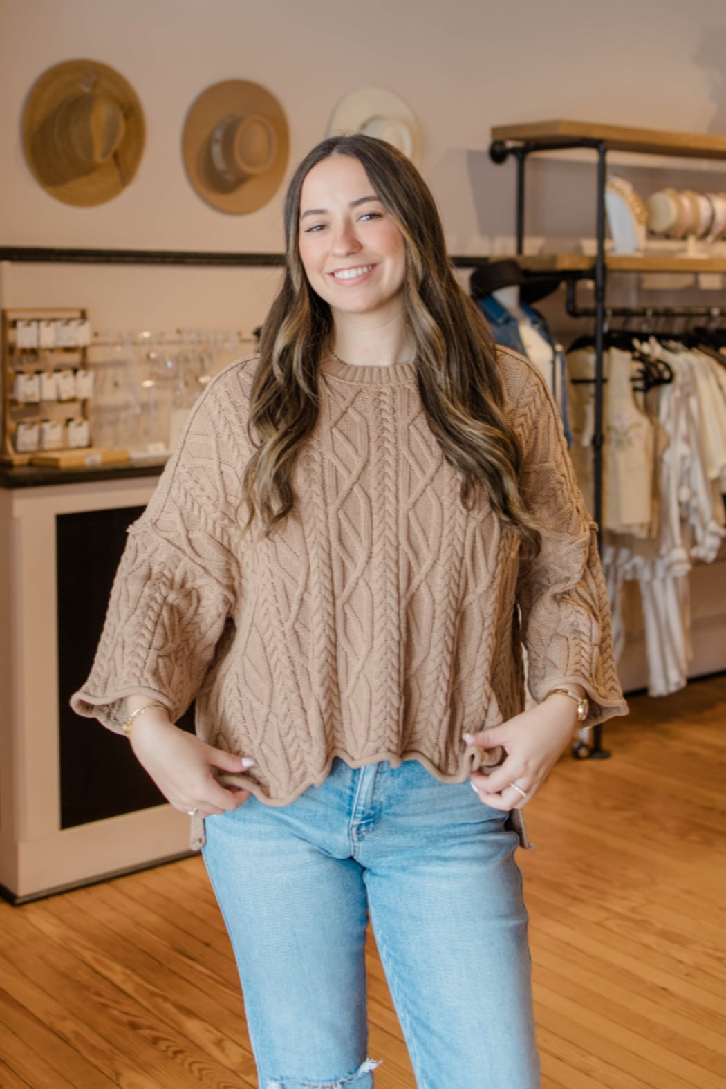 Latte Oversized Bell Sleeve Cable Sweater