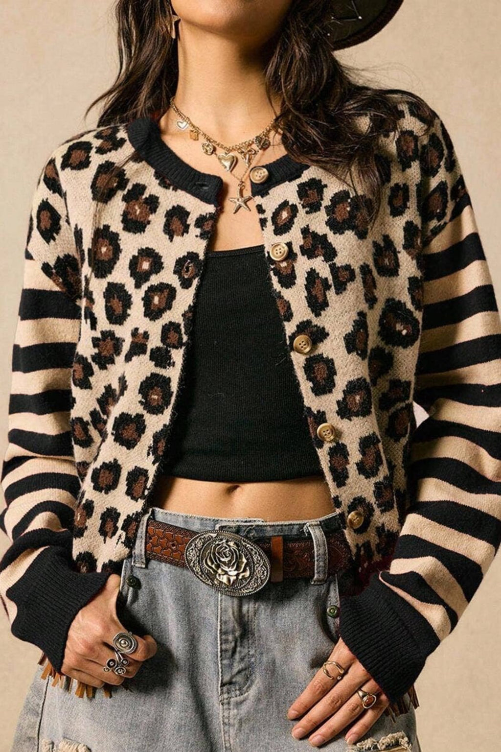 Leopard & Striped Sleeve Cardigan