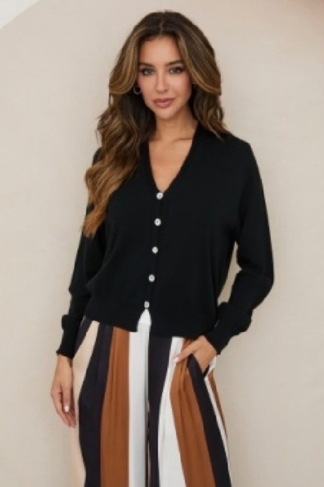 Light Knit Ribbed Hem Button Down Cardigan