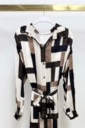 Linear Geo Print Button Down Dress with Tie Belt