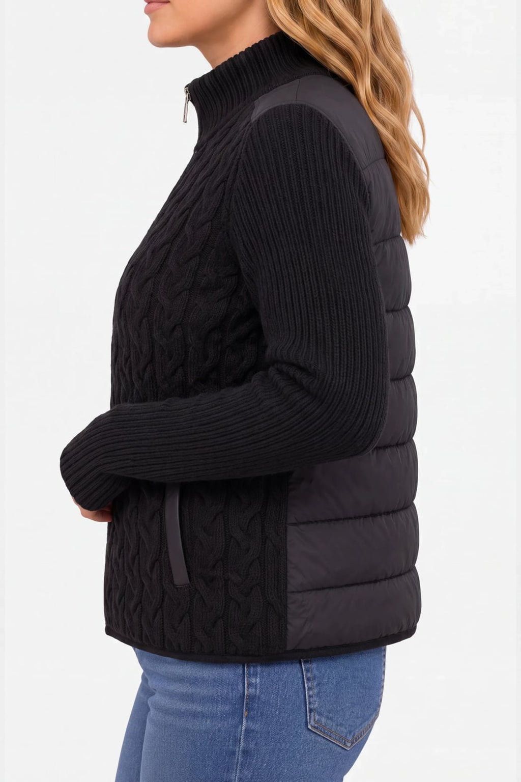 Liverpool Long Sleeve Zip Up Quilted Sweater Jacket - Black