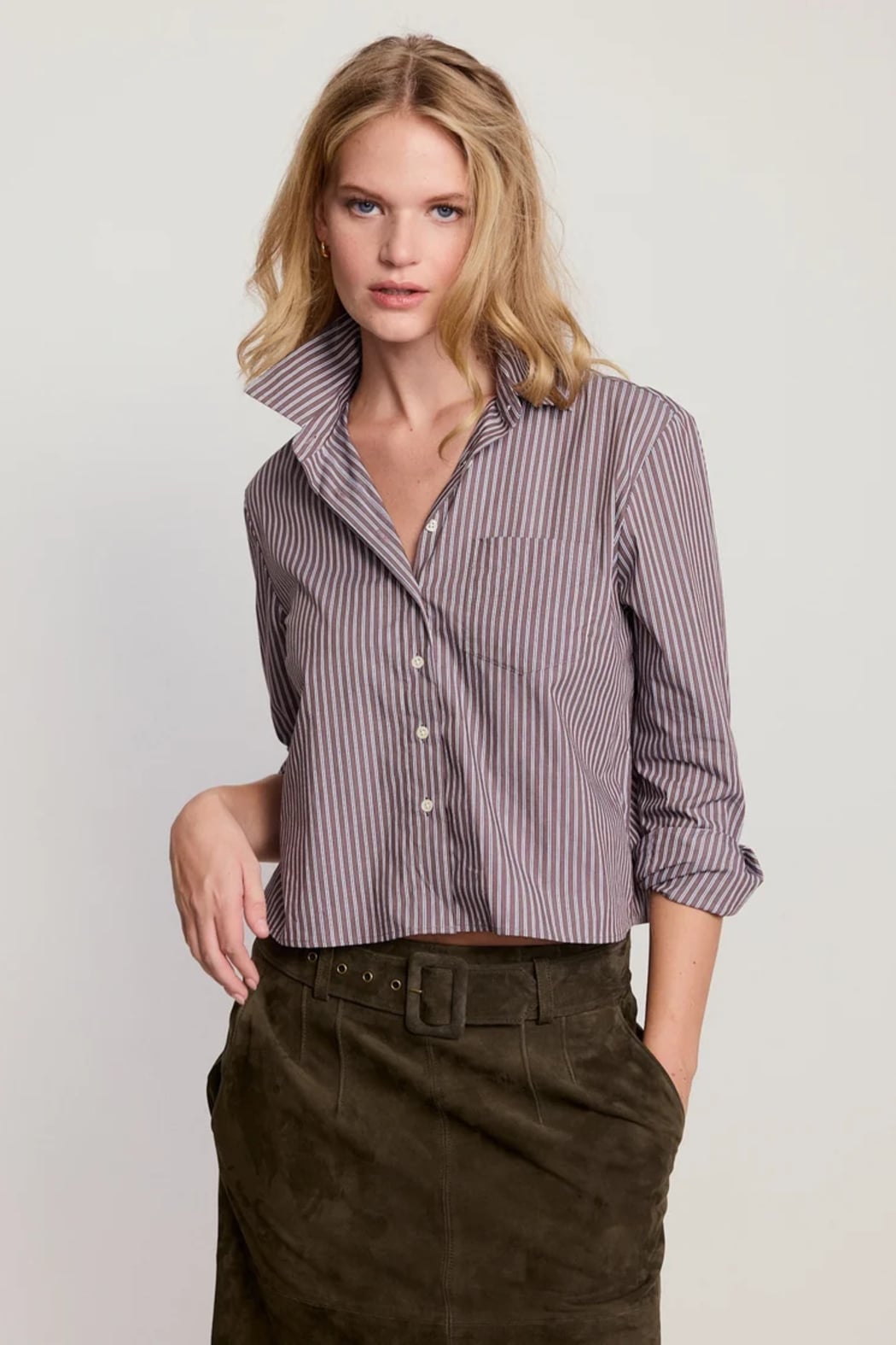 Long Sleeve Boxy Crop — Brown with White Stripes