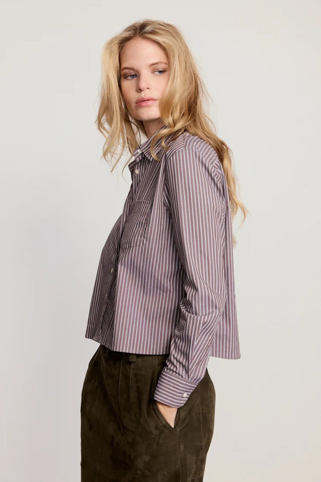 Long Sleeve Boxy Crop — Brown with White Stripes