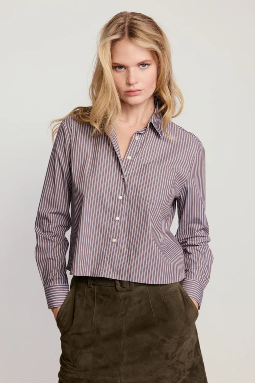 Long Sleeve Boxy Crop — Brown with White Stripes