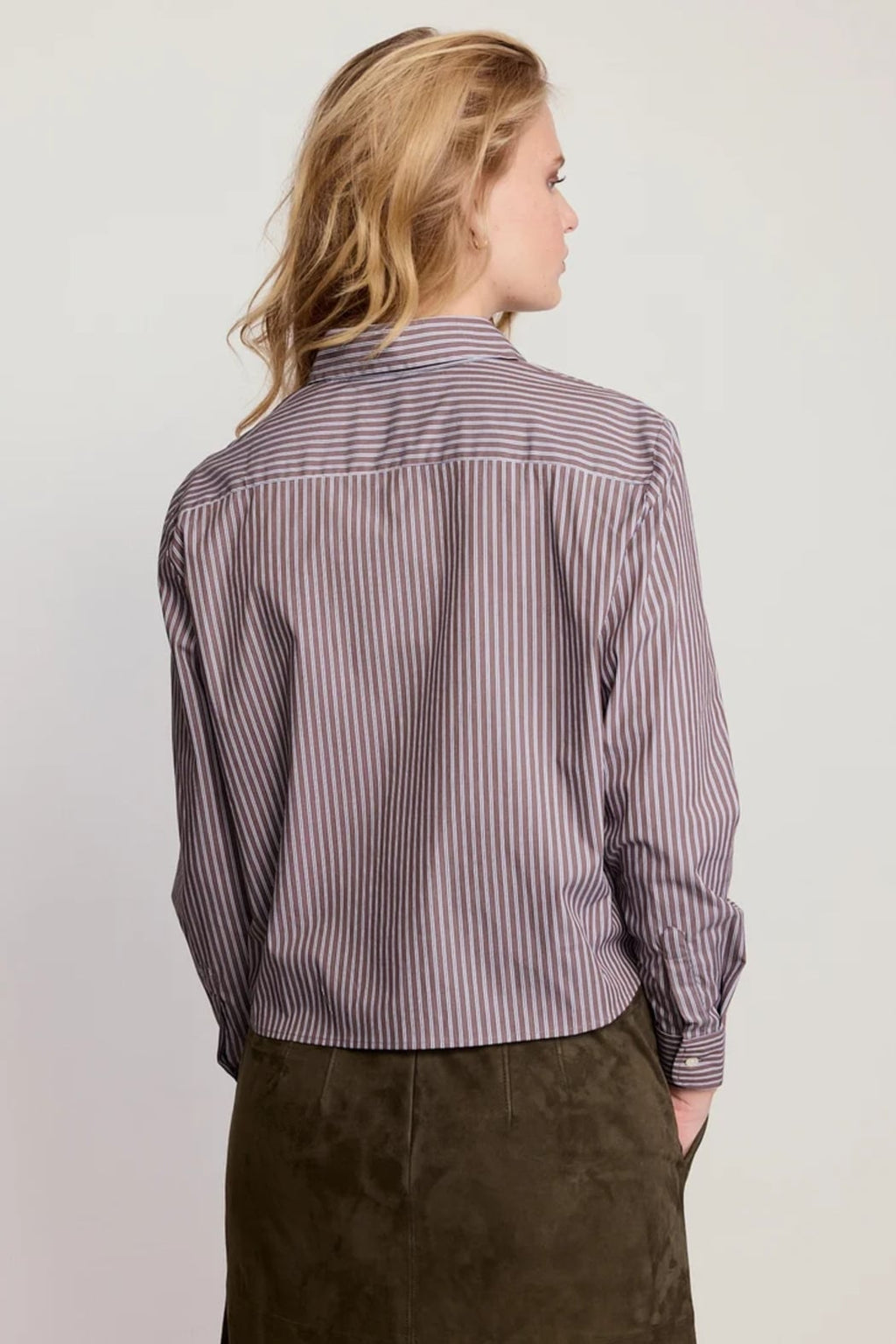 Long Sleeve Boxy Crop — Brown with White Stripes