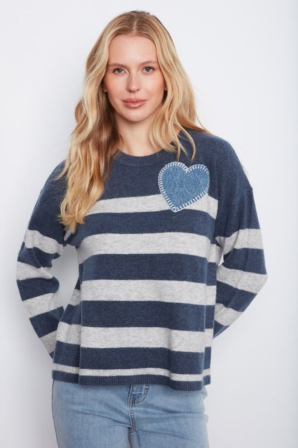 Long Sleeve Drop Shoulder Placed Yarn Dyed Stripes Crew Neck Sweater With Heart Patch