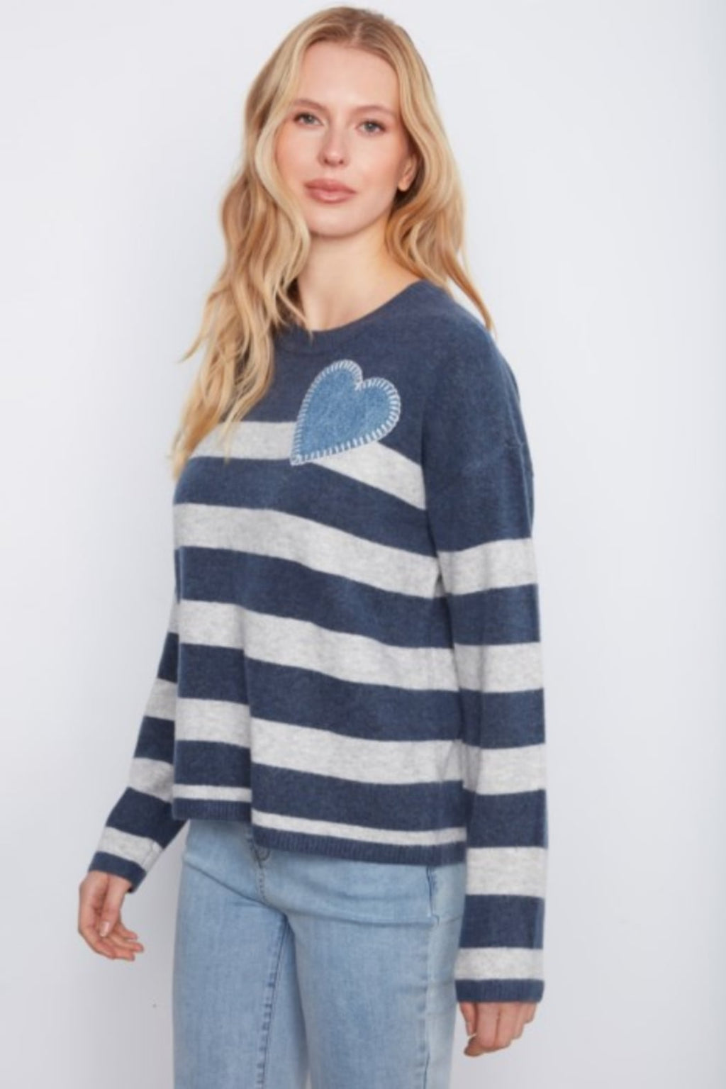 Long Sleeve Drop Shoulder Placed Yarn Dyed Stripes Crew Neck Sweater With Heart Patch