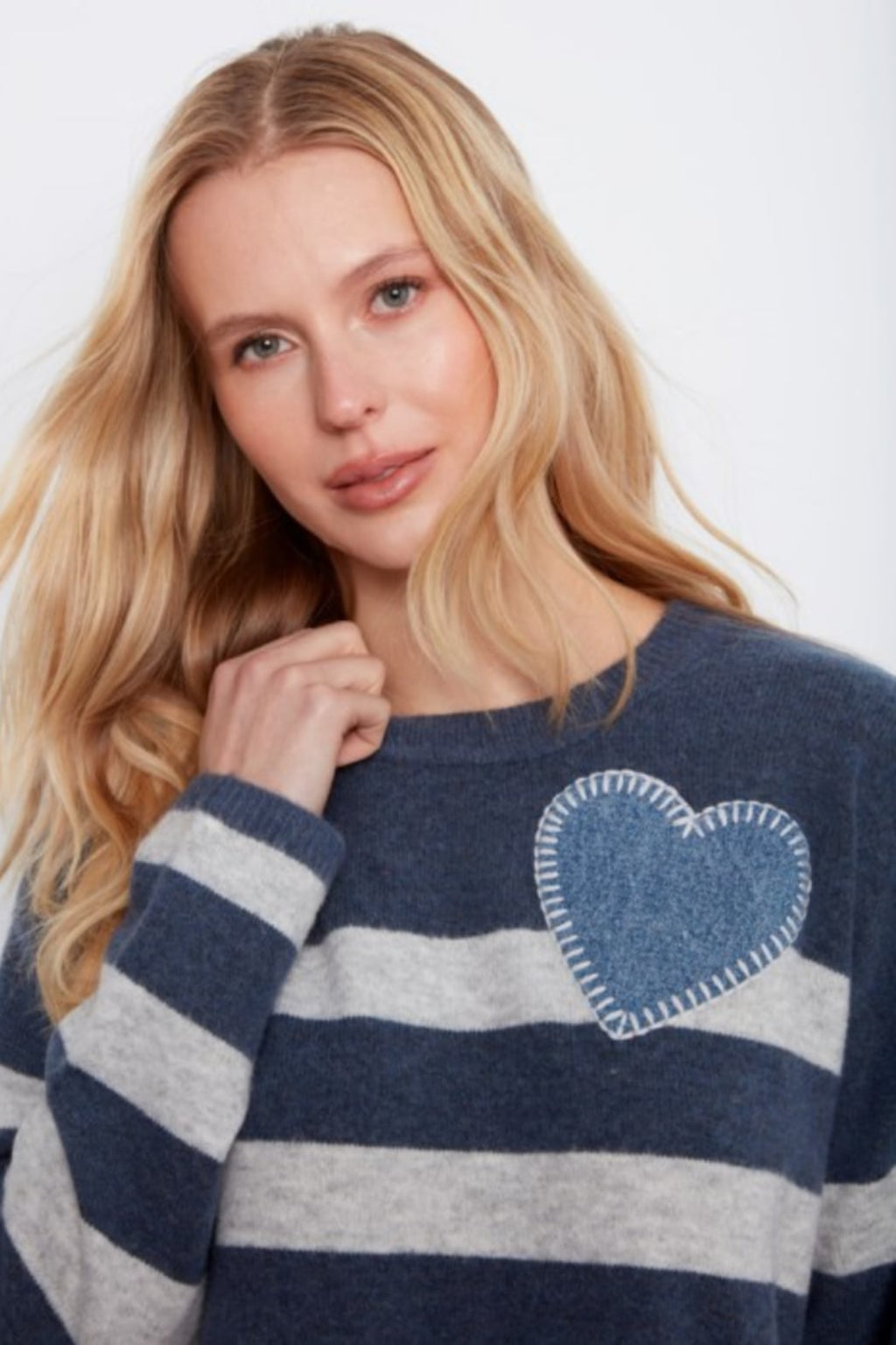 Long Sleeve Drop Shoulder Placed Yarn Dyed Stripes Crew Neck Sweater With Heart Patch