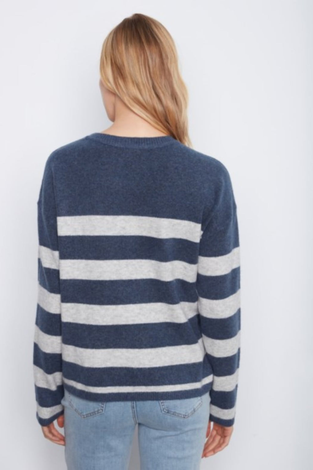 Long Sleeve Drop Shoulder Placed Yarn Dyed Stripes Crew Neck Sweater With Heart Patch