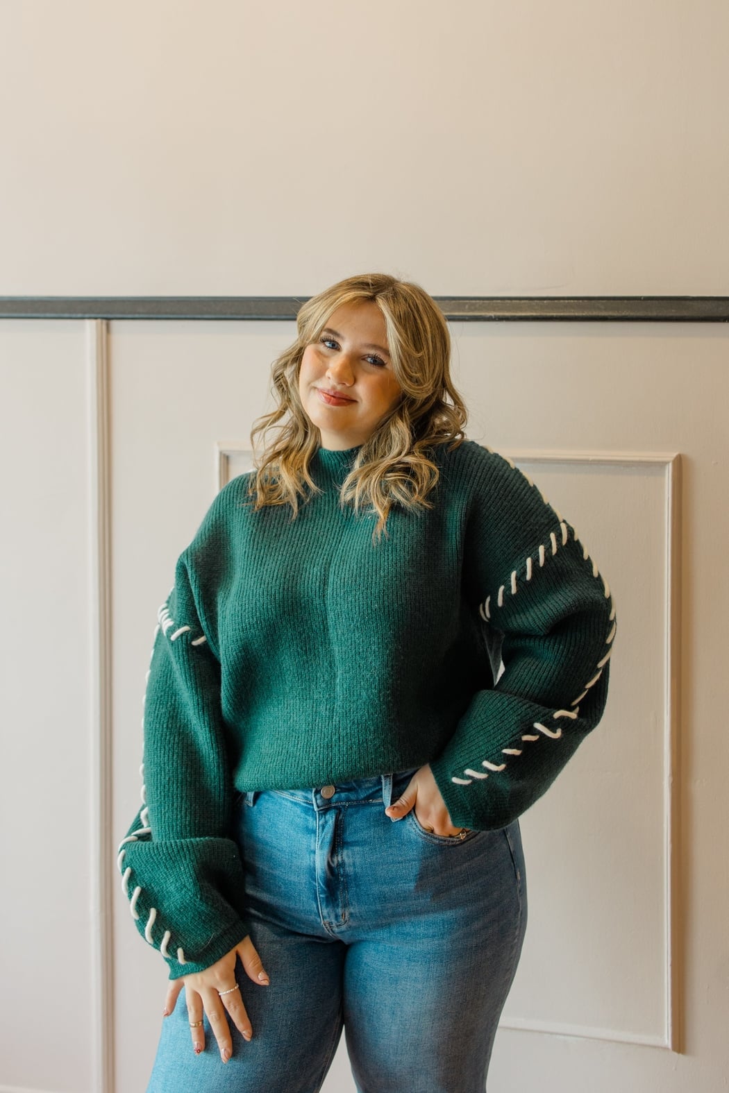 Mock Neck Sweater with Contrast Stitch