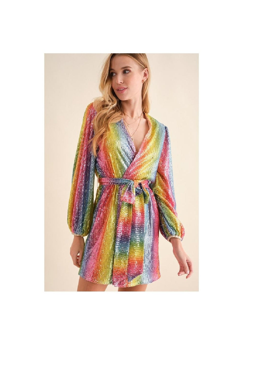 Rainbow Sequined Wrap Dress Short Mini Dress V-Neck Long Sleeves Belted