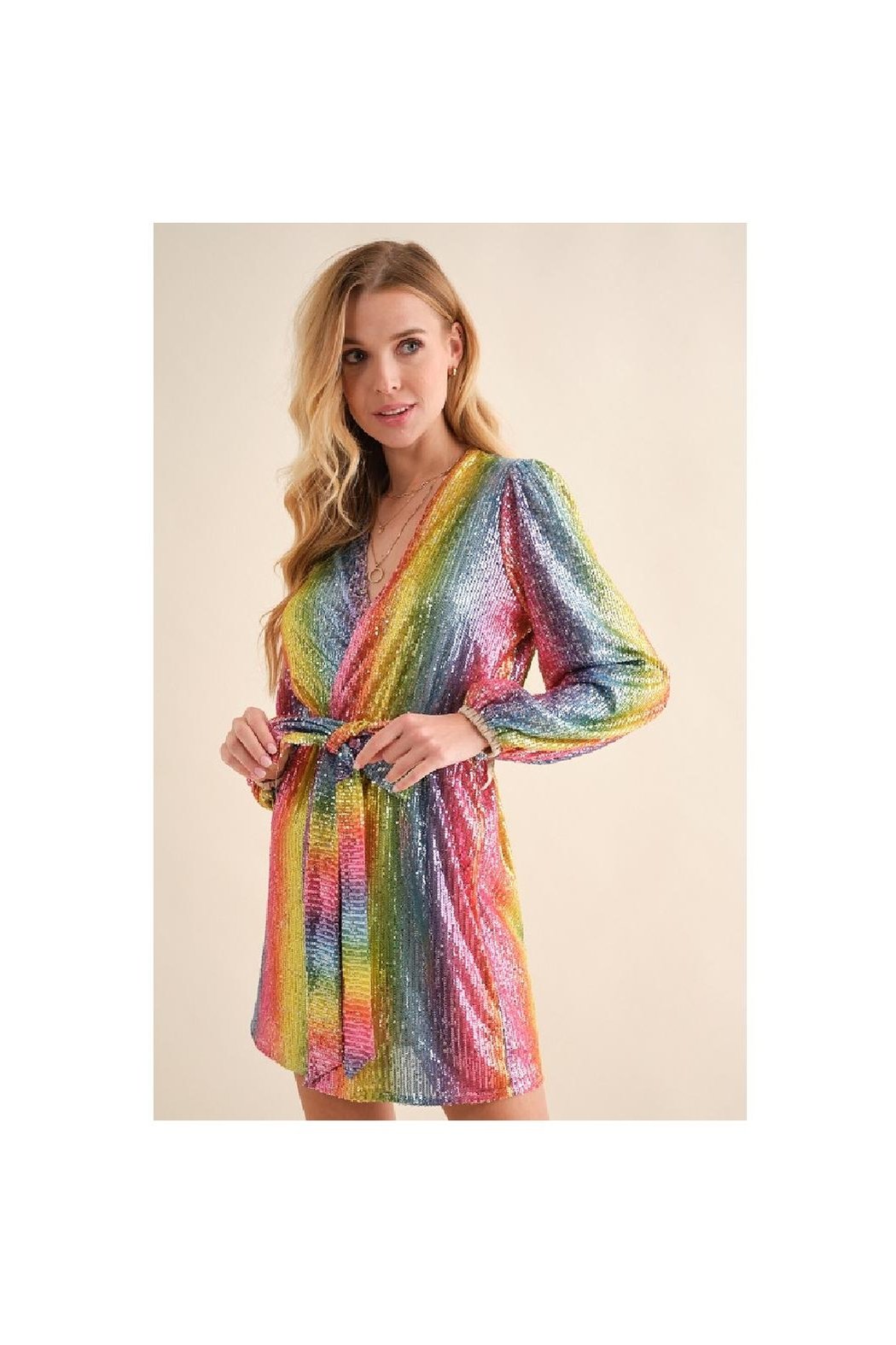 Rainbow Sequined Wrap Dress Short Mini Dress V-Neck Long Sleeves Belted