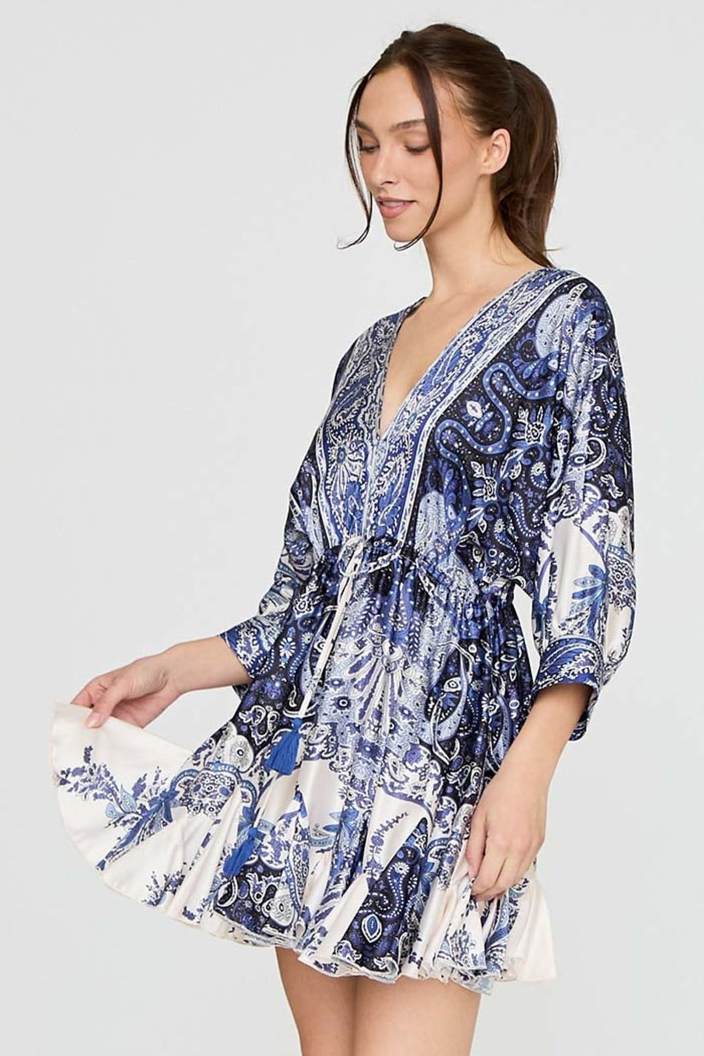 Paisley Print Tie Waist Mini Dress