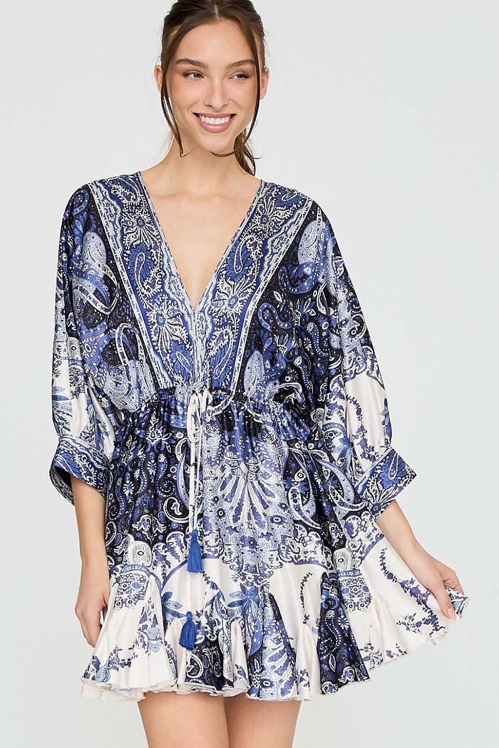Paisley Print Tie Waist Mini Dress