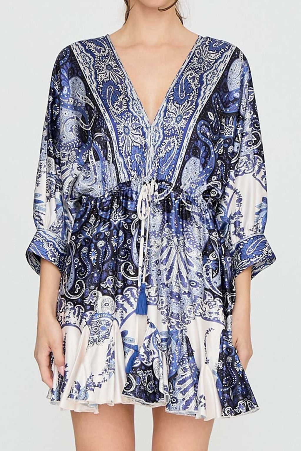 Paisley Print Tie Waist Mini Dress