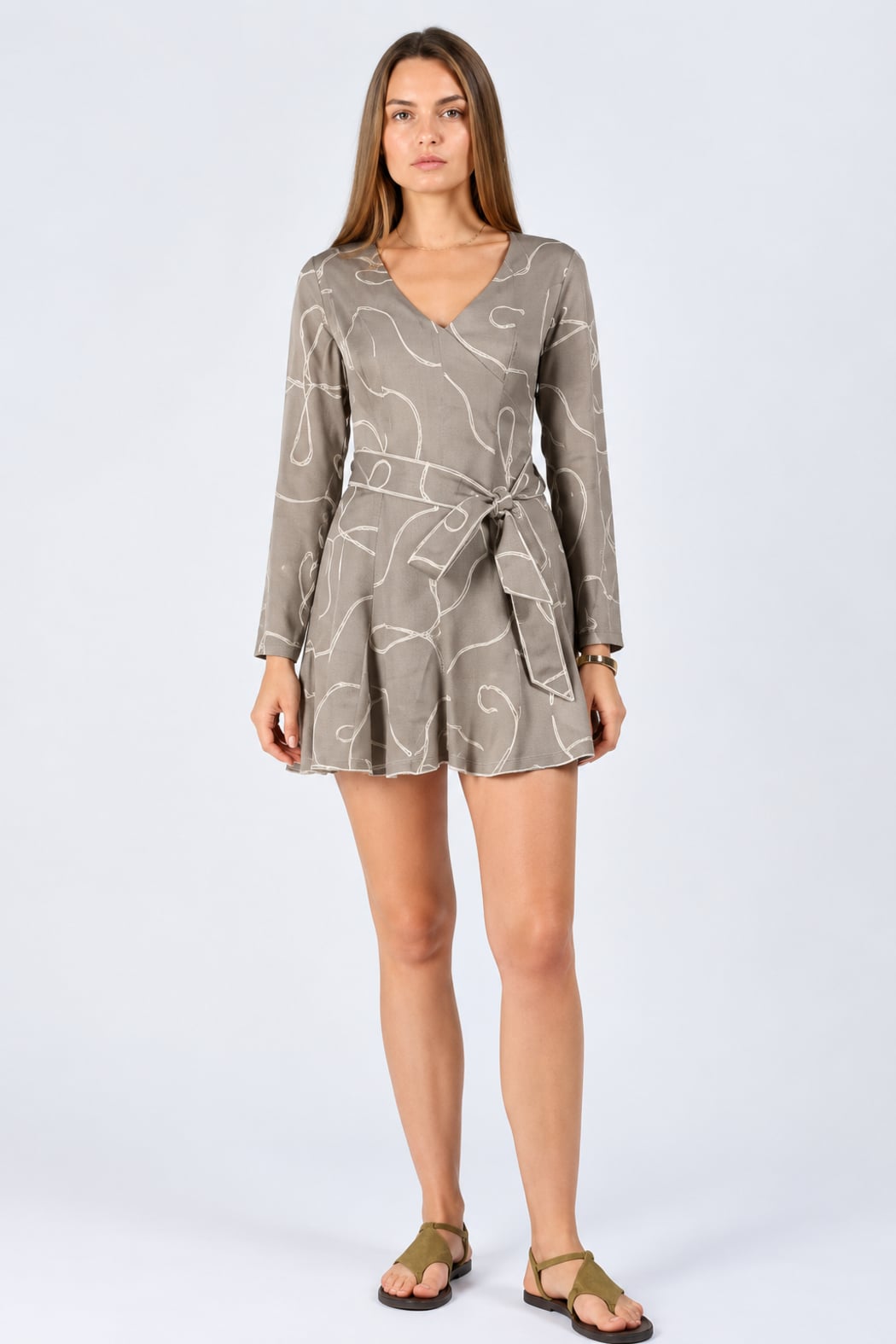 Phoebe Long Sleeve Rope Print Mini Dress with Belt