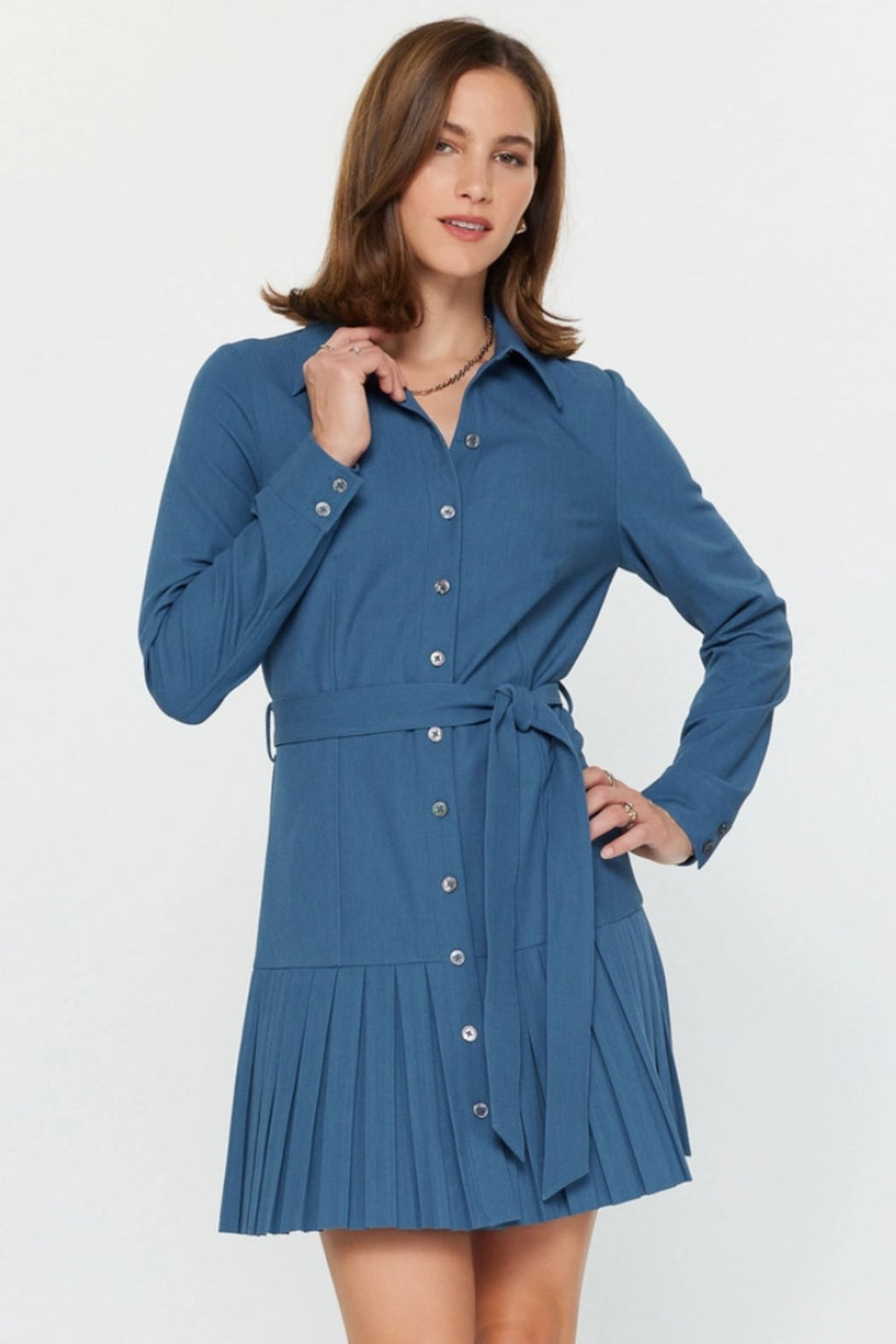 Pleated Button-Down Shirt Dress