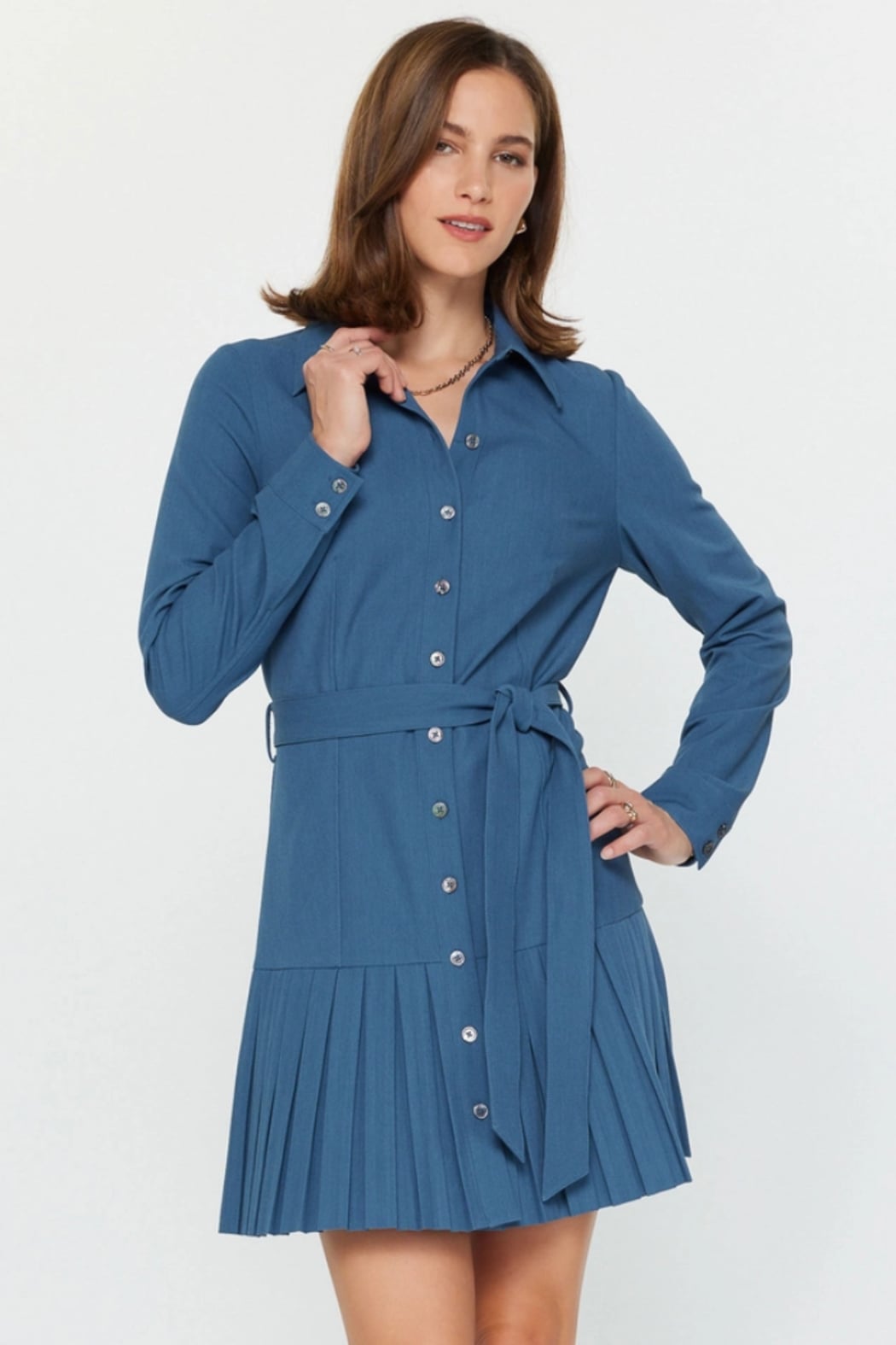 Pleated Button-Down Shirt Dress