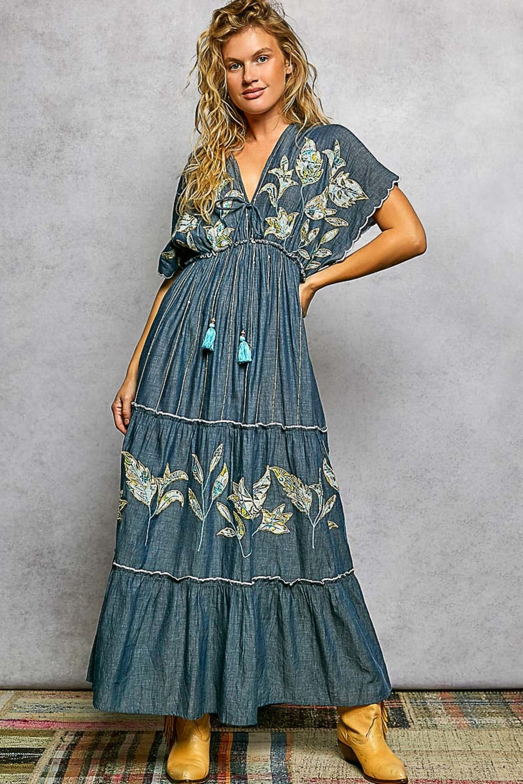 Pol Clothing Deep Denim Embellished Maxi