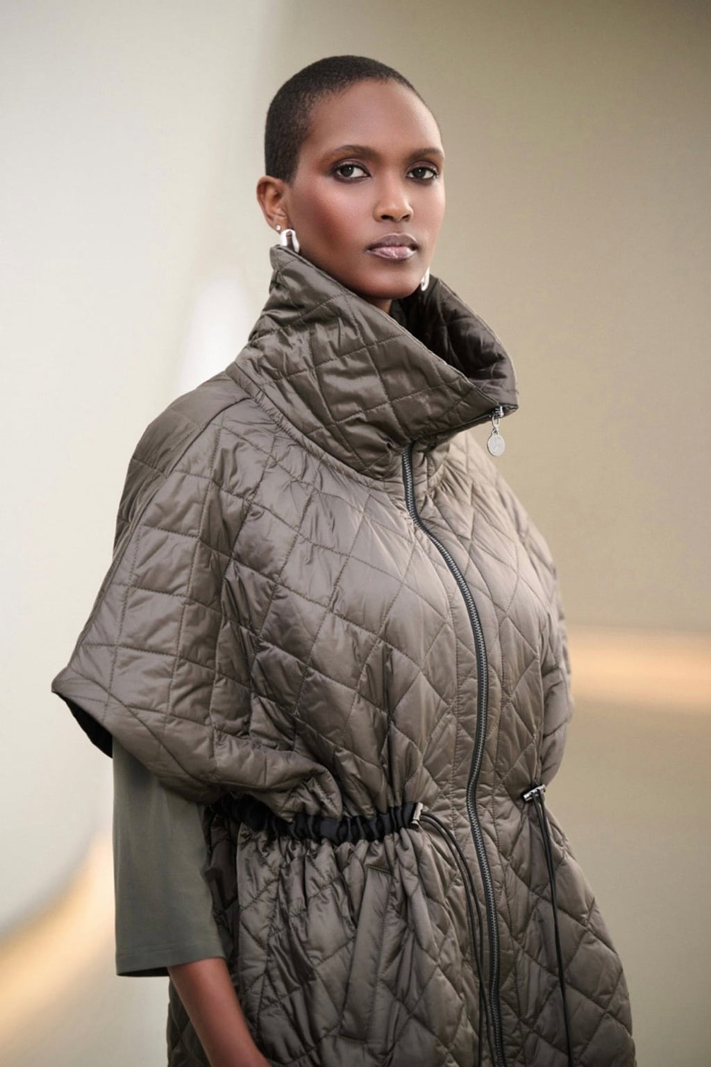 Quilted Nylon Shawl-Neck Boxy Vest