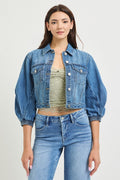 Risen Cropped Denim Jacket with Three-Quarter Balloon Sleeves