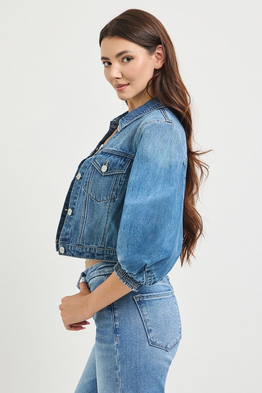Risen Cropped Denim Jacket with Three-Quarter Balloon Sleeves