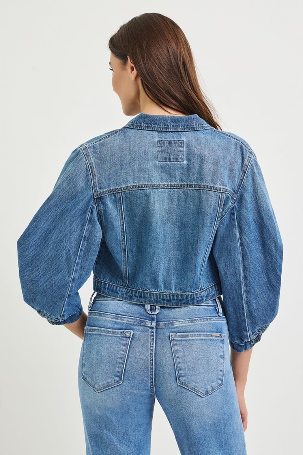Risen Cropped Denim Jacket with Three-Quarter Balloon Sleeves